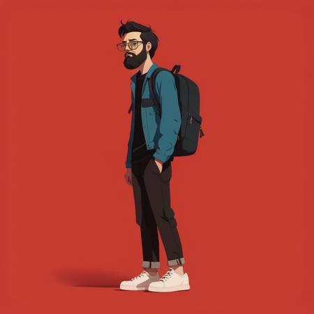 <lora:xuehua:1>,xh,1boy,backpack,male focus,solo,bag,shoes,beard,pants,facial hair,standing,jacket,simple background,glasses,full body,white footwear,shirt,red background,black hair,long sleeves,denim,black shirt,sneakers,shadow,black-framed eyewear,