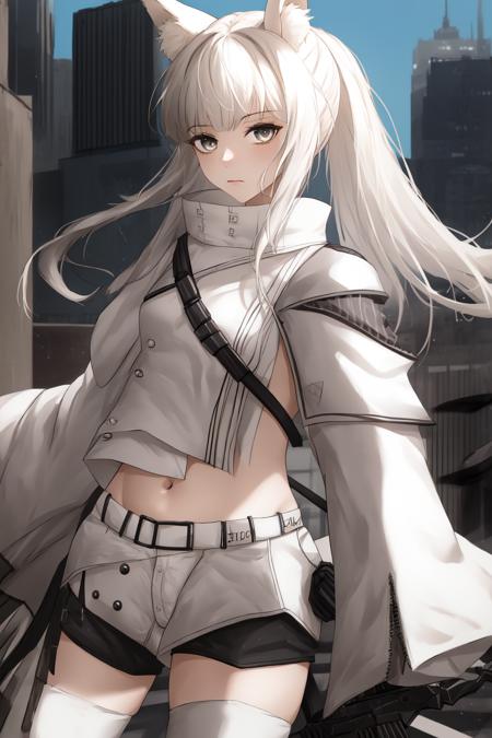 <lora:Platinum:1>, platinum, 1girl, platinum (arknights), solo, animal ears, shorts, long hair, white shorts, horse ears, thighhighs, tail, white hair, looking at viewer, animal ear fluff, midriff, weapon, cowboy shot, horse girl, bangs, closed mouth, bow (weapon), horse tail, belt, ponytail, navel, grey eyes, short shorts, white jacket, standing, long sleeves, white shirt, sidelocks, shirt, white thighhighs, crop top, holding, wide sleeves, jacket, outdoors, rooftop, city, sky,