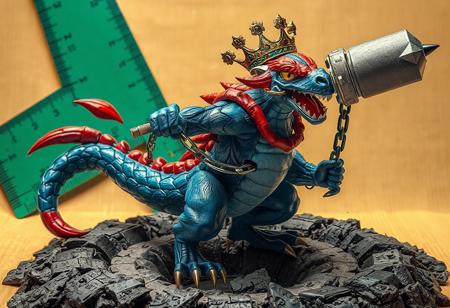 The image depicts a dynamic scene of a Coach King Giantrainer, poised on a Bottomless Trap Hole, holding a Blast with Chain. The Coach King Giantrainer is a  blend of blue and red, with a detailed body and head adorned with contrasting accents. A green ruler in the background adds depth to the harmonious color scheme. This 8k resolution masterpiece captures a moment of action in high quality, with vivid emotions and a powerful message, showcasing intricate details, sharp lines, and stunning colors. A true cinematic experience.