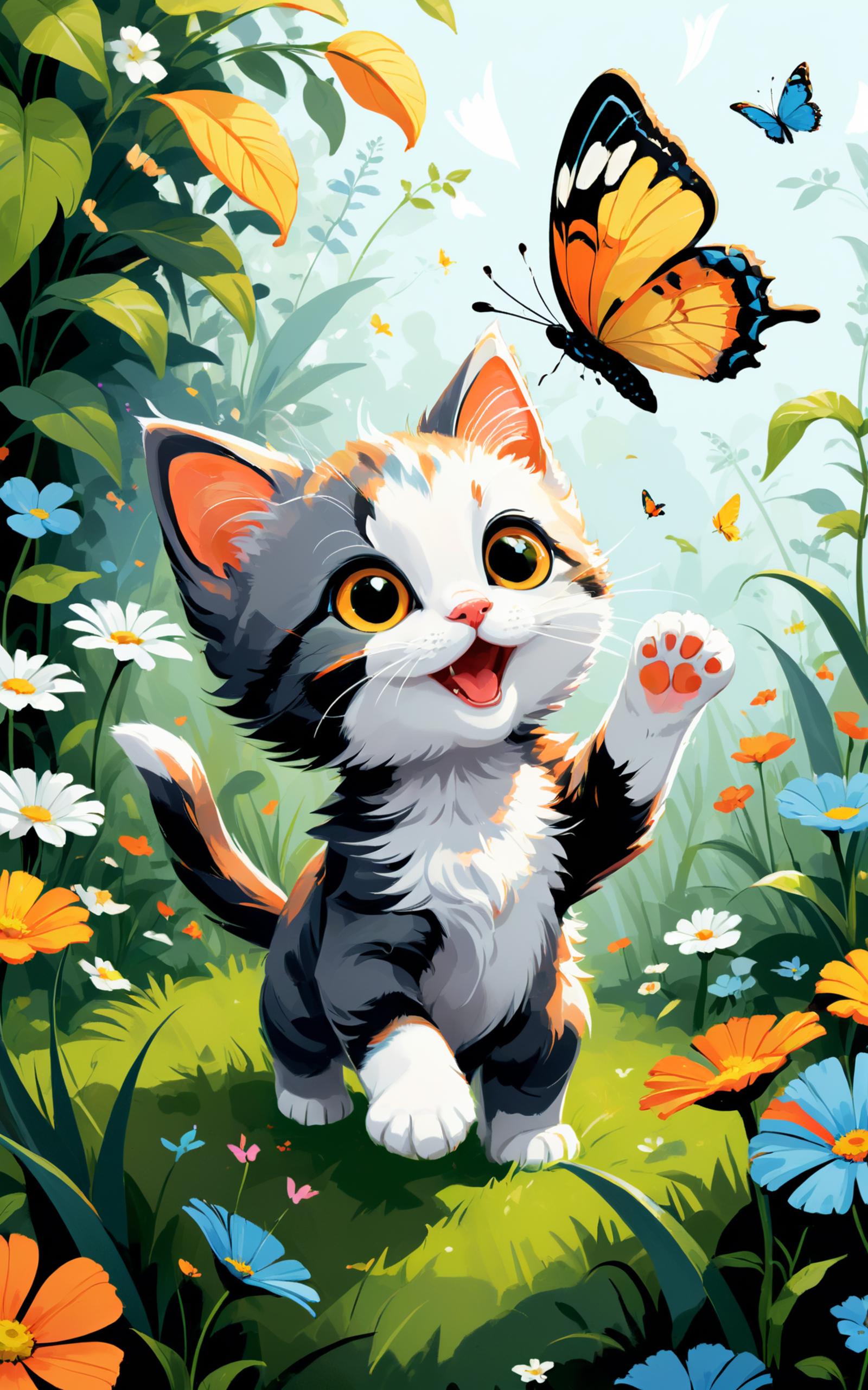 A cute kitten with a butterfly in its background.