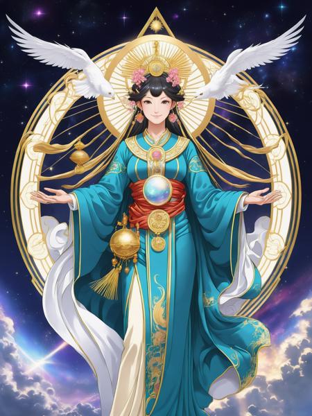 graphical anime portrait of A radiant and benevolent goddess, bestowing blessings:1.3, in a celestial realm:1.3, with a serene smile:1.3, draped in divine robes:1.3, and a mission to protect the mortal realm:1.3., Holographic displays , <lora:Fusion_Graphic_SDXL:1>