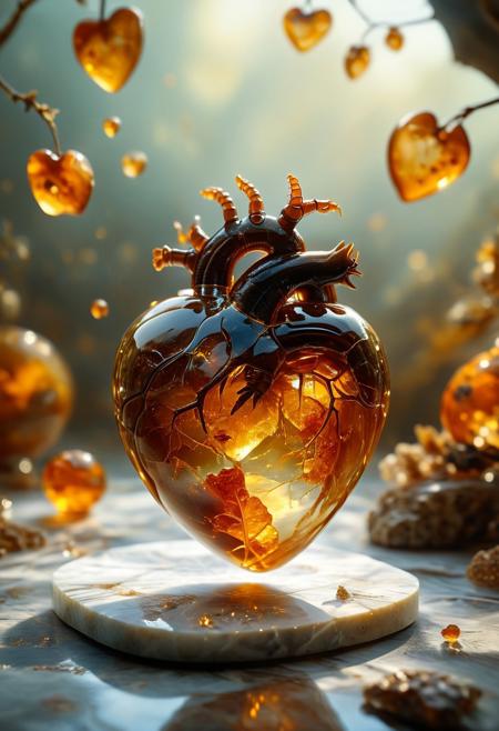 improved cinematic photo, 35mm photograph, film, professional, 4k, highly detailed,
An amber fragment enclosing a Human Heart,
The amber fragment is a smooth, slightly irregular sphere, roughly the size of a marble, with a warm golden-brown hue. Its surface is polished, gleaming softly under light, revealing a mesmerizing play of golden, honey, and orange tones. Tiny air bubbles and organic inclusions are scattered throughout, lending it a sense of antiquity and natural complexity.
Inside, a perfectly preserved Human Heart lies suspended in time, its delicate body encased in the translucent amber.
Around the Human Heart, subtle striations and minute organic fragments, possibly plant material or dust, create a vignette that frames the insect. The amber’s clarity varies in places, with some sections slightly cloudy, further accentuating the Human Heart as the focal point. The fragment feels timeless, a tiny time capsule offering a glimpse into a prehistoric world millions of years ago,(-Cb3128:1.5),(-MZ15617:1.5)