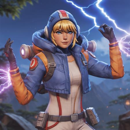 anime artwork night time portrait of full body wattson (apex legends) woman dancing, surrounded by electricity and lightning, high quality, clear focus, blonde hair, bangs, fringe detailed, blue headwear, woods background,ring light, flash photography,  dark moody lighting, sharp contrast    <lora:Watts0n-000018:0.6> <lora:offset_0.2:1> . anime style, key visual, vibrant, studio anime,  highly detailed