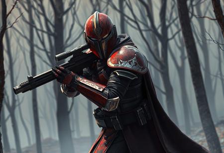 As an art expert specializing in concept art and Star Wars lore, please generate a detailed, high-resolution (8K) description of the image. The central focus should be a Star Wars-style action pose of The Phantom Knights of Cloven Helm, a bounty hunter in red and black armor with silver accents, holding a blaster rifle, standing against a stark Forest of Lost Flowers background. Include all specified artistic elements: exceptional quality, lifelike details, super detailed face and eyes, isometric perspective, dynamic action pose, cinematic lighting, and references to CGSociety, Artstation, and artists like Mark Brooks and Brad Kunkle. Ensure the description adheres to the Golden Ratio, uses harmonious multi-colored tones, and incorporates styles such as Raphael, Houdini, and Unreal Engine 5. Highlight the character’s readiness, the armor’s elegance, and the background’s atmosphere. Keep the output medium-length (200-300 words) with a structured focus on composition, lighting, and stylistic details.
