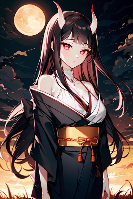 Masterpiece, high quality, absurdres, highres, night, cowboy shot, official wallpaper, grasslands, 1girl, tall female, mature female, thick, oni horns, black hair, blunt bangs, long hair, disheveled hair, black open kimono, slit pupils, glowing red eyes, pale skin, [furious:sad:0.8], aura, (looking at viewer:1.2), standing, large breasts, bare shoulder, wind, serious, upturned eyes, <lora:GomziStyle:1>