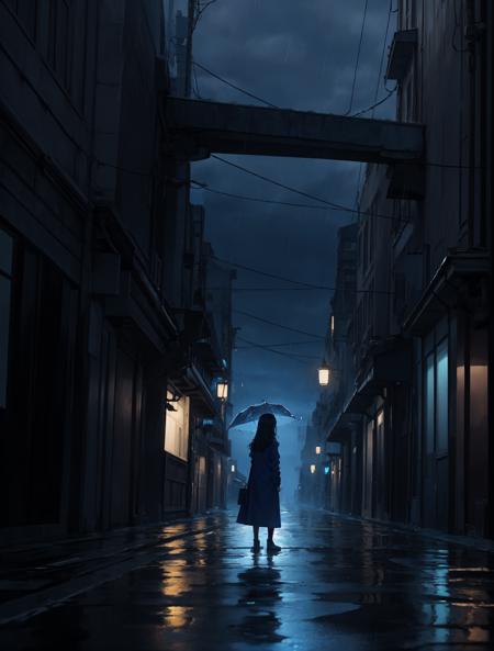 phblue, scenery, no humans, landscape,  (masterpiece,best quality:1.4), blue theme, city, dusk, 1girl, rain,cowboy shot, close up, <lora:bluestyle-000005:0.5>,