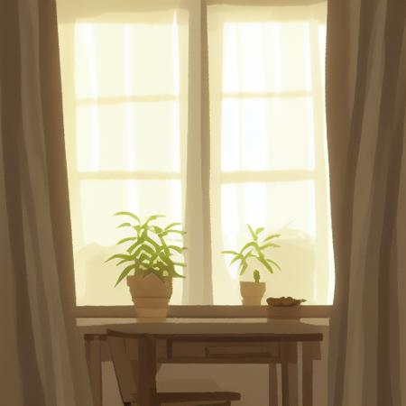 SimplyPaint, painterly, watercolor, textured edges, animation, stylized, bamboo plant side of window, sunlight, light ray, curtains, desk, chair