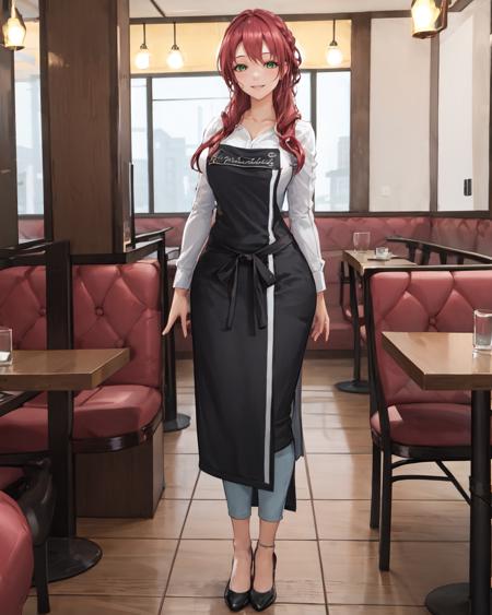 best quality, (masterpiece:1.2), illustration, absurdres,   
(1girl), (solo), (beautiful detailed girl), full body, 
<lora:Paulette-08:0.9>, Paulette, red hair, long hair, green eyes, large breasts,
white shirt, blue pants, black apron, red shoes,
gentle, smile,
(inside restaurant, inside bistro:1.1), tables, chairs,