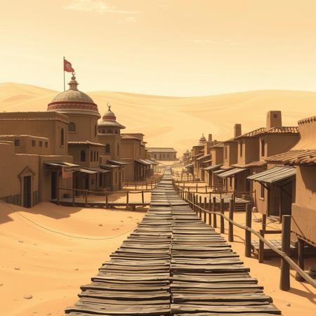 A liminal space in Sunagakure, the Hidden Sand Village, exactly as seen in Naruto. Endless dunes stretch beyond the village walls, their golden grains shifting subtly in the dry wind. The clay and sandstone buildings, shaped by time and erosion, stand tall against the arid landscape. The Kazekage’s dome-shaped tower rises in the distance, its curved architecture blending seamlessly with the desert environment.
The village is completely empty—no shinobi, no traders, no sound except for the occasional gust of wind stirring the sand. The wooden walkways and bridges remain untouched, their planks sun-bleached and weathered. The heat distorts the horizon, making the streets feel strangely endless, as if the village could stretch on forever. Sunagakure feels suspended in time, a place of stillness and solitude, waiting beneath the relentless sun.