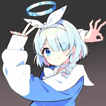 <lora:Goodbye Sengen:0.9>, goodbye sengen, simple background, ok sign, v, smile, happy, arona, 1girl, white hairband, bow hairband, halo, short hair, single braid, school uniform, blue shirt, white sailor collar, long sleeves, white bowtie, white choker, <lora:aronaBlueArchive_v1:0.7>