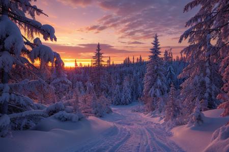 ((frozen boreal forest)), sunset, red sky, clouds, winter, snowfall, (masterpiece),((ultra-detailed)), (highly detailed CG illustration),(expressionless), (best quality:1.2), High quality texture, intricate details, detailed texture, High quality shadow, Cinematic Light, Depth of field, light source contrast, perspective,20s, night, dark,
 <lora:detail_slider_v4:3>, <lora:epiCRealismHelper:0.6>