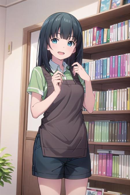 best quality, (masterpiece:1.2), highly detailed,
indoors, bookshelf,
<lora:chara_Eromanga-sensei_TakasagoTomoe_v1:0.8>, takasago tomoe,
1girl, solo, standing, looking at the viewer, open mouth, smile,
black hair, long hair, blue eyes,
black shorts, collared shirt, short sleeves, green shirt, striped, brown apron