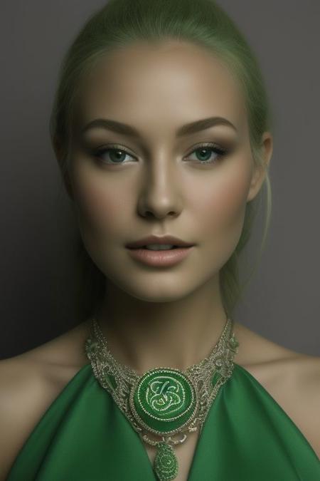 Beauty Photography: Focuses on well-lit, flawless skin and often used in beauty and cosmetics advertisements.<"shooting under very dark condition":1.8> with high iso, film, high key, 
out fit for Saint Patrick's Day and the rich Celtic culture celebration