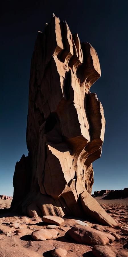 Surrealistic professionnal photography of a alien rocky landscape, gigantic black brutalist monolith, crevices, fissures, spikes, black sky, eerie, masterpiece, rough edges, extra detailed, film grain, award winning art, excellent quality <lora:xl_more_art-full_v1:0.4>