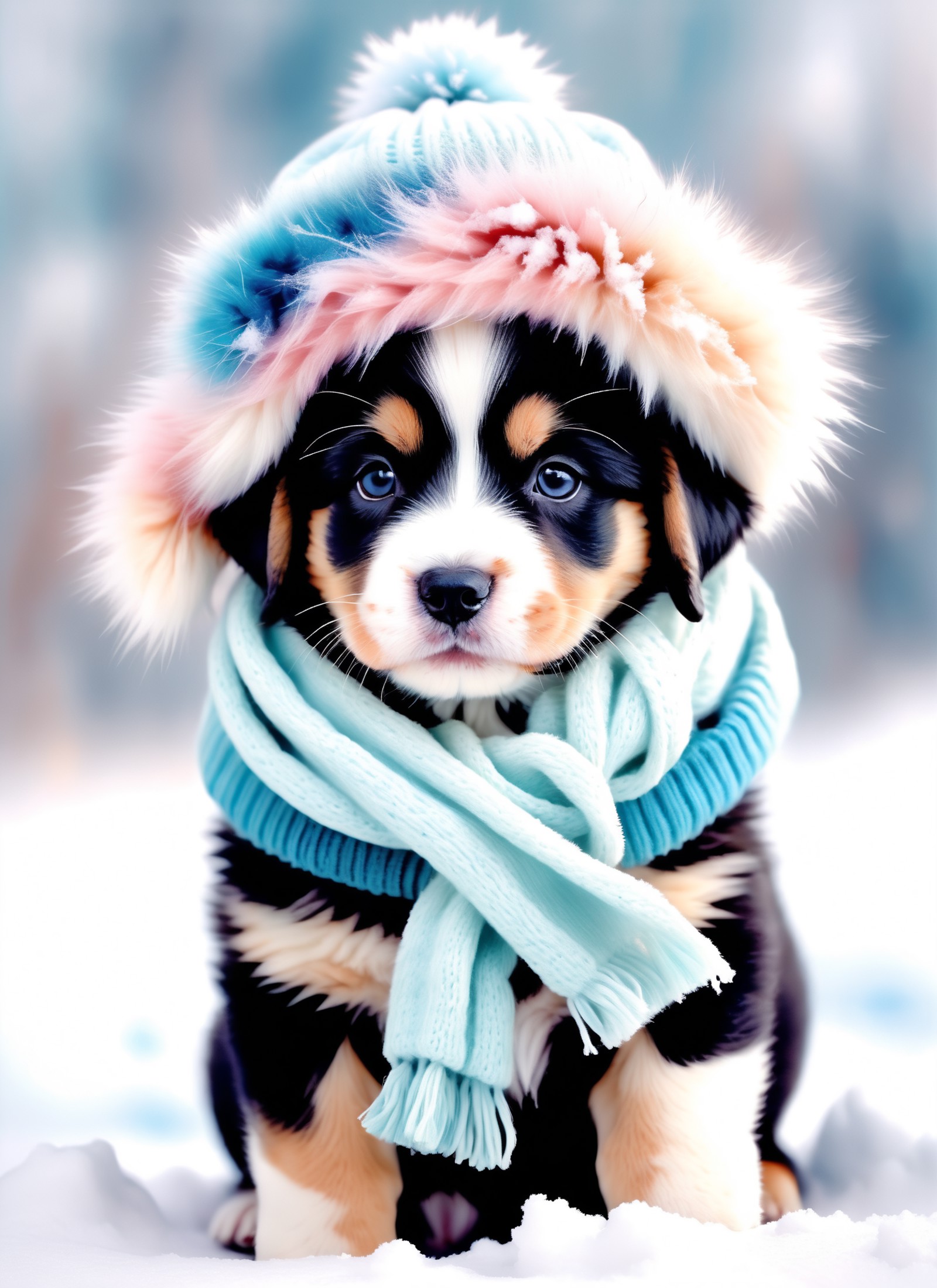 Medium long view hyperreal photography, (Adorable puppy:1.3), Symmetrical composition, Winter hat and scarf, (Soft pastel ...