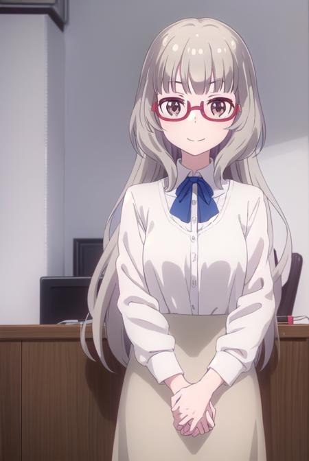 shizukuhazuki, <lora:shizuku hazuki s2-lora-nochekaiser:1>, 
shizuku hazuki, long hair, bangs, (brown eyes:1.5), grey hair, glasses, semi-rimless eyewear, red-framed eyewear, under-rim eyewear, smile,
BREAK skirt, shirt, long sleeves, white shirt, black skirt, fringe trim,
BREAK indoors, office,
BREAK looking at viewer, (cowboy shot:1.5),
BREAK <lyco:GoodHands-beta2:1>, (masterpiece:1.2), best quality, high resolution, unity 8k wallpaper, (illustration:0.8), (beautiful detailed eyes:1.6), extremely detailed face, perfect lighting, extremely detailed CG, (perfect hands, perfect anatomy),