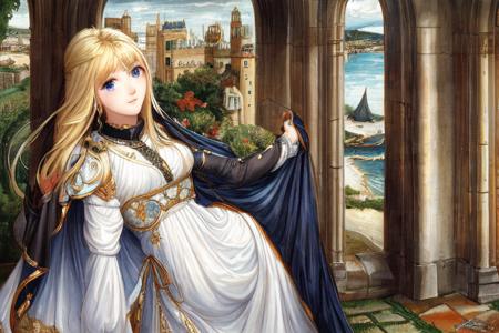 at historical castle; solo, waifu with blonde hair, blue eyes, white dress and black cape; exceptional, best aesthetic, new, newest, anime, masterpiece, best quality, ultra detailed; correct anatomy, golden ratio, perspective; painting by John William Waterhouse