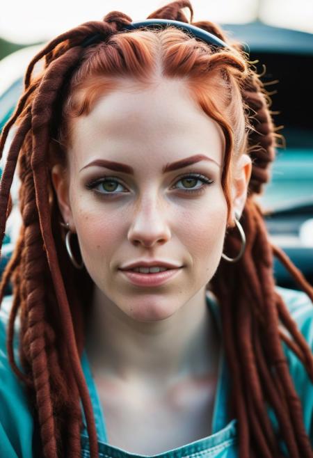 medium shot photo an absolutely stunning badass redhead girl who is a mechanic, dreadlocks, working on a supercar's engine. slightly muscular, tone, only wearing stained cap worn work gloves and dirty overalls, large boobs, sideboob, sweating, pale white skin, shiny skin, sweating, full sleeve colorful tattoo, smirking at viewer with one eyebrow up, oversized earphones, hoop earrings, pursed lips, bokeh,