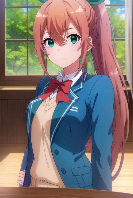 fruitofevolutionlulune, <lora:fruitofevolution lulune s2-lora-nochekaiser:1>,
lulune, long hair, brown hair, ribbon, (green eyes:1.3), hair ribbon, ponytail,
BREAK skirt, bow, school uniform, jacket, blazer,
BREAK indoors, classroom,
BREAK looking at viewer,
BREAK <lyco:GoodHands-beta2:1>, (masterpiece:1.2), best quality, high resolution, unity 8k wallpaper, (illustration:0.8), (beautiful detailed eyes:1.6), extremely detailed face, perfect lighting, extremely detailed CG, (perfect hands, perfect anatomy),