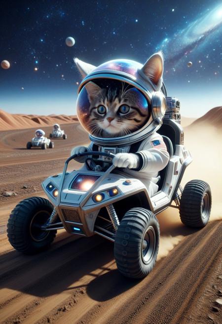 (made of CosmicStyle:1.3),  CosmicStyle, from side, closeup cute small 4WD buggy made of CosmicStyle, astronaut cat driving, wear round goggles, wear animal ears helmet, wear astronaut suit made of CosmicStyle, run through on space planet dirt road, Dust, (surround by multiple cute small buggys:1.2), space, galaxy, cinematic, cinematic lighting, (masterpiece, best quality:1.4), ultra-high res, 4k, Photorealistic, insanely detailed, sfw,