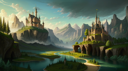 a fantasy castle surrounded by trees and water in the middle of a forest with a river running through it, Chris LaBrooy, matte fantasy painting, a detailed matte painting, fantasy art, <lora:theovercomer8sContrastFix_sd15:0.5>, <lora:epiNoiseoffset_v2:0.3>,