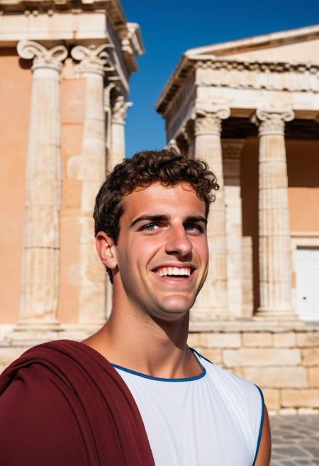 portrait of a 18 year old Roman boy, short height, wearing greek clothes, amused expression, greek architecture in the background