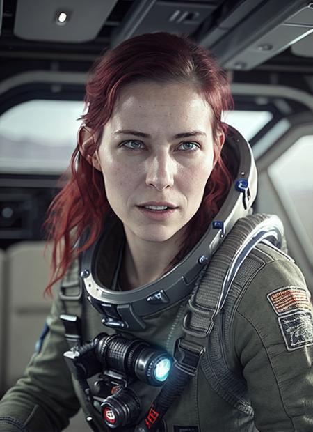 close up photo of sks woman, rugged space trucker, inside industrial spaceship, futuristic science fiction, action scene, digital concept art, realistic, intricate detailed textures, filmic, cinematic, environmental character portrait, <lora:locon_dodger_v1_from_v1_64_32:1.25>