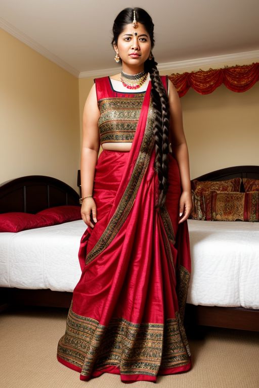 Indian woman with natural makeup and lashes, full body shot, beautiful face, long braid hair , curvy figure on bed, taken in elaborate royal bedroom