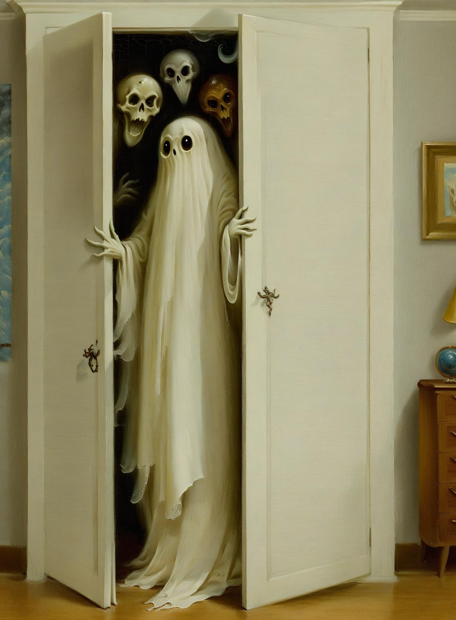 A painting of a ghost standing in a closet with skulls above it.
