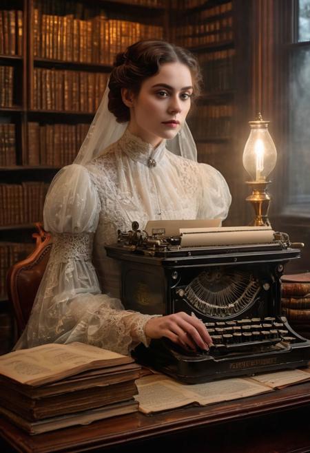 Victorian Ghostwriter portrait, 
ethereal Victorian-era attire, 
translucent eyes full of century-old stories, 
seated at a ghostly antique typewriter with phantom key presses, 
encased in a misty library filled with bygone literary volumes, 
facing viewer, 
maintaining direct eye contact, 
night setting with reflective surfaces augmenting the spectral mood, 
rich in color and vivid texture, 
direct gaze captivates, 
ethereal atmosphere enriched by inspired