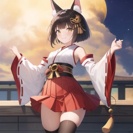 (masterpiece, best quality:1.2),illustration,8k,hd,1girl,solo,upper body,(portrait:1.2),mutsu (azur lane),animal ears,bell,black hair,black thighhighs,yellow eyes,detached sleeves,fox ears,hair ornament,hakama skirt,japanese clothes,jingle bell,kagura suzu,miko,red skirt,shirt,short hair,skirt,smile,white shirt,clog sandals,<lora:Mutsu(azur)>,