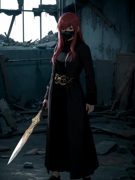 1girl, (shapely body), (solo), 19 years old,  hdr, <lora:Hwa_Ryun_V5:0.7>,  Hwa Ryun stands in the semi-darkness of a ruined building surrounded by opponents. Her black robe sticks to her body, as if taking on a shadow, and the golden patterns on her mask shine in the dim light. Sharp, elegant blades flash in her hands.