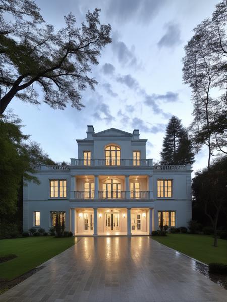 European style villa,no humans,scenery,sky,tree,cloud,window,reflection,outdoors,building,cloudy sky,door,house,bush,reflective water,road,water,<lora:Justin_European_style_villa_V50:0.8>,