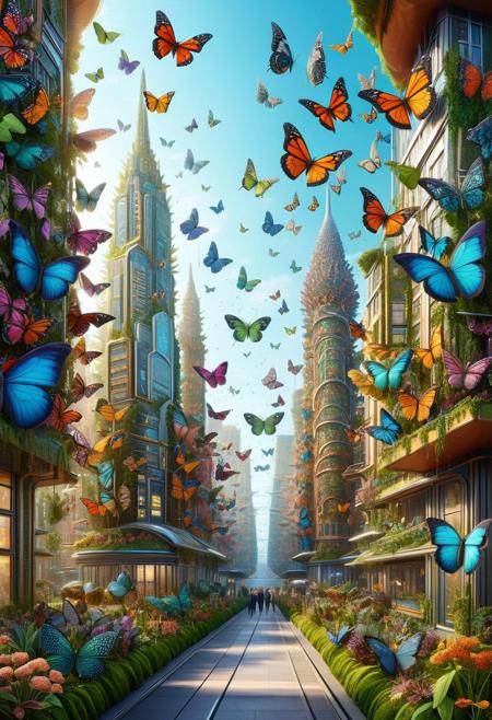 butterflyStyle,  A futuristic cityscape, botanical illustration, entomological accuracy, life cycles of insects, naturalistic colors, detailed composition, scientific observation, aesthetic appeal, harmonious balance, intricate details, artistic sensitivity, texture, vibrant naturalism.