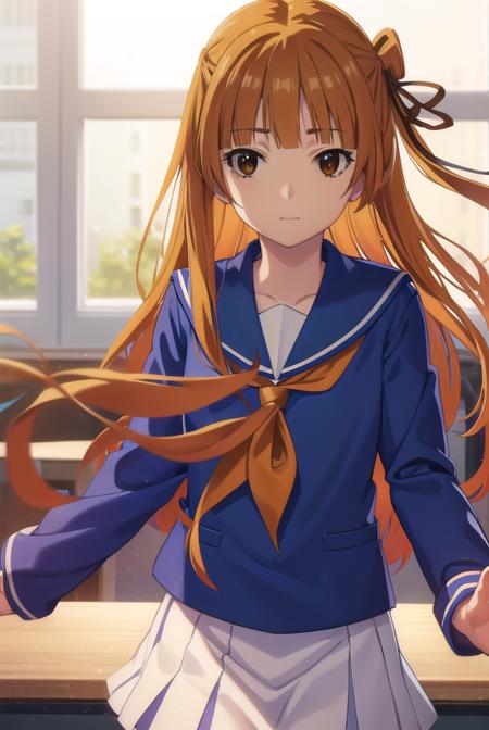 akemisumizome, <lora:akemi sumizome s1-lora-nochekaiser:1>,
akemi sumizome, long hair, orange hair, (brown eyes:1.7), ribbon, hair ribbon, bangs, blunt bangs, hime cut, smile,
BREAK skirt, school uniform, serafuku, blue sailor collar, shirt, white shirt, long sleeves, blue skirt, neckerchief, red neckerchief,
BREAK indoors, classroom,
BREAK looking at viewer, (cowboy shot:1.5),
BREAK <lyco:GoodHands-beta2:1>, (masterpiece:1.2), best quality, high resolution, unity 8k wallpaper, (illustration:0.8), (beautiful detailed eyes:1.6), extremely detailed face, perfect lighting, extremely detailed CG, (perfect hands, perfect anatomy),