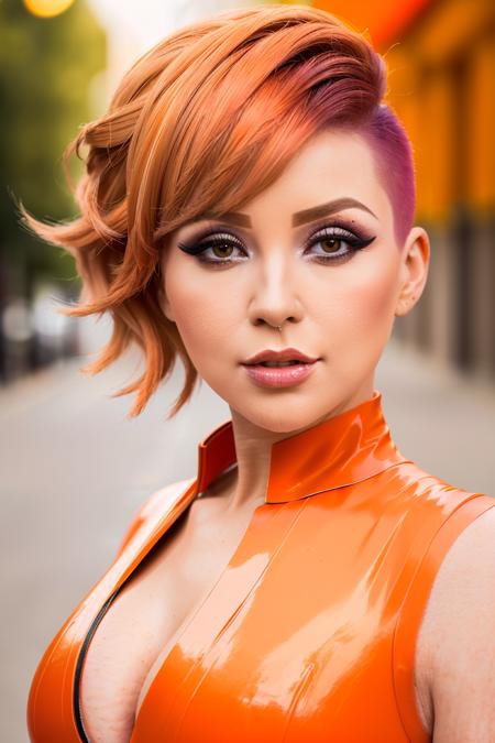 photo of a woman with a pomp undercut, pompadour, undercut, short orange hair, detailed eyes, orange makeup, blurry background, bokeh, outdoors, night, dslr, d850, orange latex dress with cleavage cutout, (latex, bonded seams:1.2), collarbone,  <lora:undercut_sd15_640x8:0.7> <lora:bigHardLatex_v10Mini:0.7>