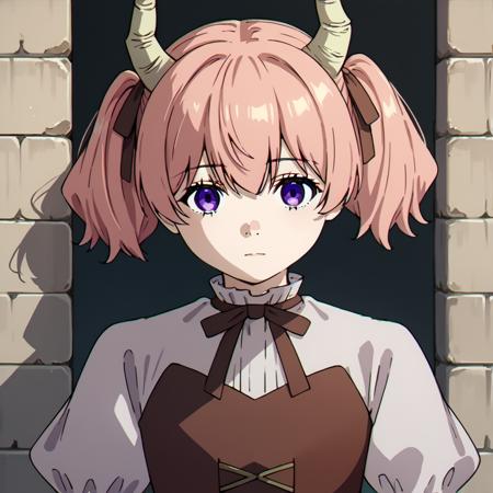 Linie,1girl,horns,pink hair,short twintails,purple eyes, brown dress,long_sleeves, frilled dress, bloomers, expressionless, source_anime,score_9, score_8_up,