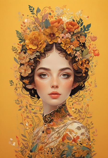 ch, Whimsical portrait of an elegant lady, intricate floral patterns and botanicals in her hair, warm yellow background creating contrast, symbolizes growth through self-reflection, personal development within the art community, detailed and sharp focus, vibrant and harmonious colors, soft and warm lighting, digital illustration, highly detailed and precise, by Eiko Ojala, Artstation