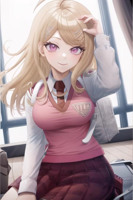 Masterpiece, Best Quality, <lora:KaedeDG:1>, KaedeDG, 1girl, necktie, sweater vest, breasts, looking at viewer, shirt, long sleeves, solo, backpack, beamed eighth notes, white shirt, collared shirt, medium breasts, school uniform, smile, solo, close-up,