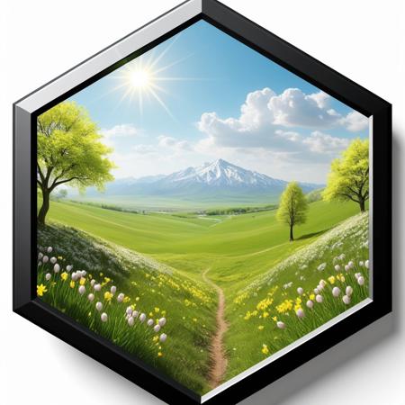 spring sunny mounting, realistic, paralax, perspective, wide landscape inside a hexagonal badge