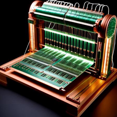 An ornate 19th-century Jacquard loom reimagined as a massive circuit-board weaving machine: the wooden frame becomes stacked translucent green PCB layers, warp and weft threads rendered as elegant copper traces, resistors and capacitors double as shuttle weights and bobbins, surface-mount ICs align like punch cards, tiny LEDs pulse along the pattern, hyper-realistic macro close-up, ultra-detailed, dramatic cinematic lighting, shallow depth of field, 8K resolution.