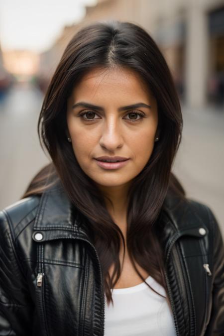 Realistic photo of a beautiful p3n3l0p3c-v2 woman,   1girl, solo, looking at viewer, simple background, brown hair, brown eyes, jacket, upper body, lips, zipper, realistic, nose, leather, leather jacket, realistic, soft lighting, professional Photography, Photorealistic, detailed, RAW, analog, sharp focus, 8k, HD, DSLR, high quality, Fujifilm XT3, film grain, award winning, masterpiece<lora:p3n3l0p3c-v2:1.0>