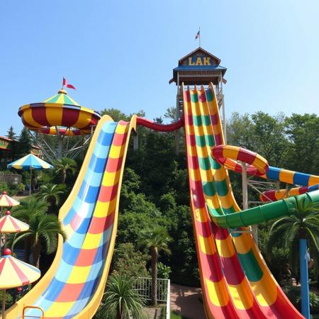 amusement park, giant slides, colorful,