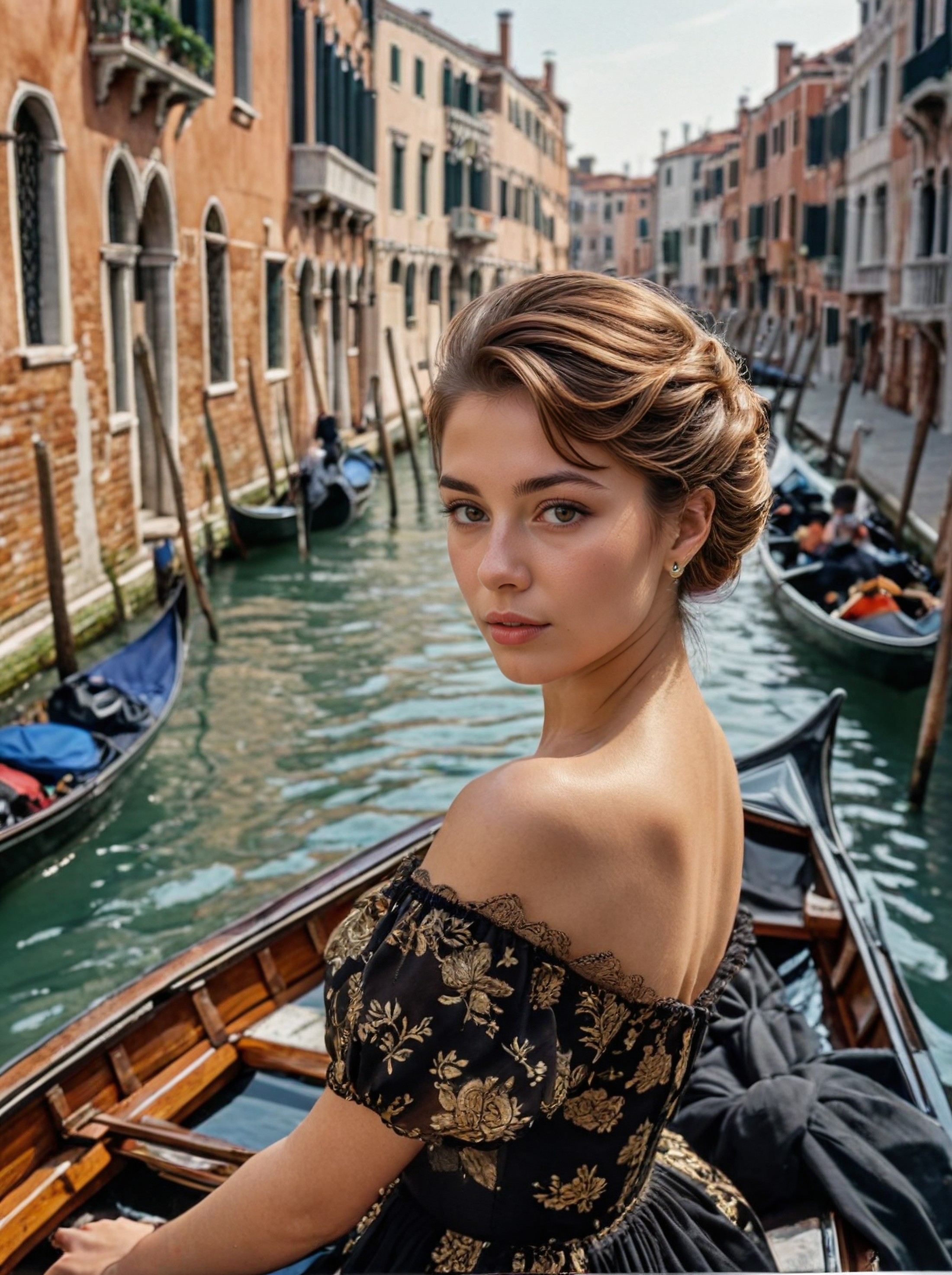 a elegant girl posing,Beehive haircut,Black,looking at another,tranquil canals of Venice are a romantic setting for a leis...