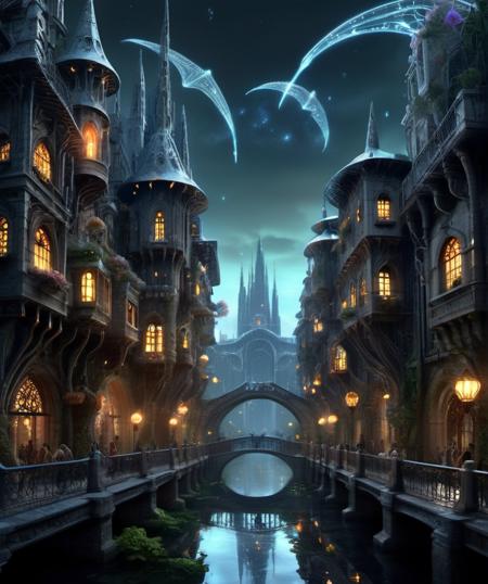 , <lora:DonMM4ch1n3W0rldXL:1> DonMM4ch1n3W0rldXL ,     a grand capital city nestled in the heart of a magical realm inspired by Dungeons and Dragons. The city stands as a testament to both architectural splendor and mystical enchantments. The streets are bustling with life, filled with a diverse array of creatures, both human and fantastical, going about their daily routines. The buildings showcase a harmonious blend of traditional medieval design and whimsical magical enhancements. Ornate bridges span over flowing rivers and canals, connecting various districts of the city. Gardens and parks are interspersed throughout, teeming with vibrant, otherworldly flora and fauna. In the central square, a magnificent fountain serves as a gathering place, its waters sparkling with magical energies.