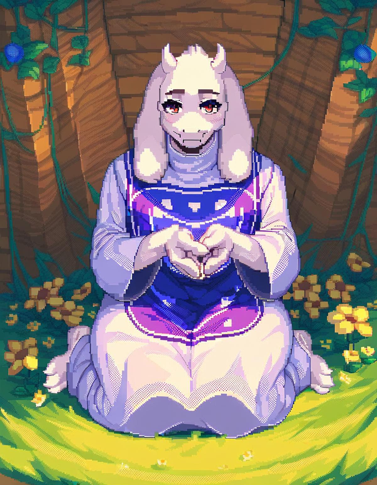 A cartoon image of a white and purple dressed goat or horse, sitting on the grass, with yellow flowers around her.