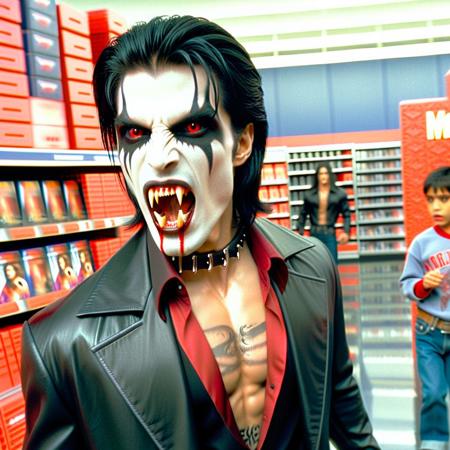 Vampyfangs1. a film still photo. 35mm. 4k. From a 2003 movie. A Mexican vampire man is showing off his fangs, he is walking around a Blockbuster. Red eyes.