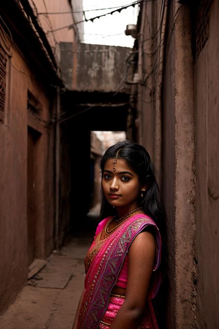 Indian girl, 18 years old, (looking at camera), curious, vibrant, in a dimly lit alleyway, perfect composition, hyper realistic,  <lora:OneBreastOutLoRA_V1_1rank8:1>