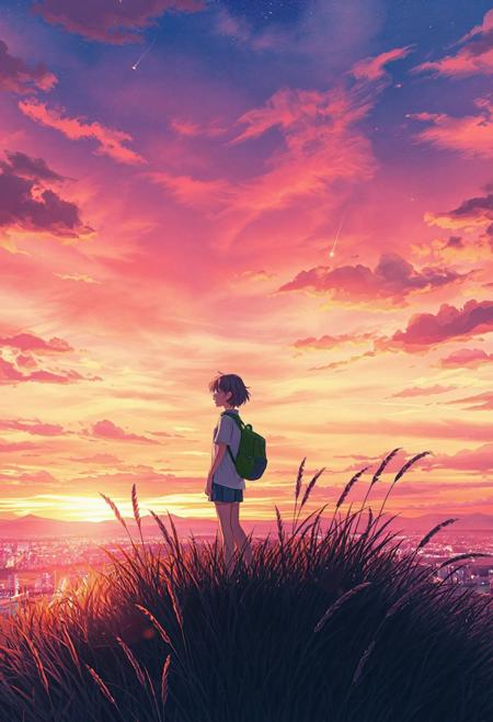 Vertical 9:16 cinematic anime scene, ultra-detailed 4K, soft cel-shading with watercolor textures. A breathtaking sunset sky bursting in hues of pink, orange, and violet; two high school students standing back-to-back on a hill, tall grass swaying gently in the breeze; the city below glows softly with streetlights and lit windows; faint shooting stars streak across the sky; lens flare and depth-of-field effects; emotional, nostalgic, dreamy mood. Inspired by Makoto Shinkai, CoMix Wave Films.