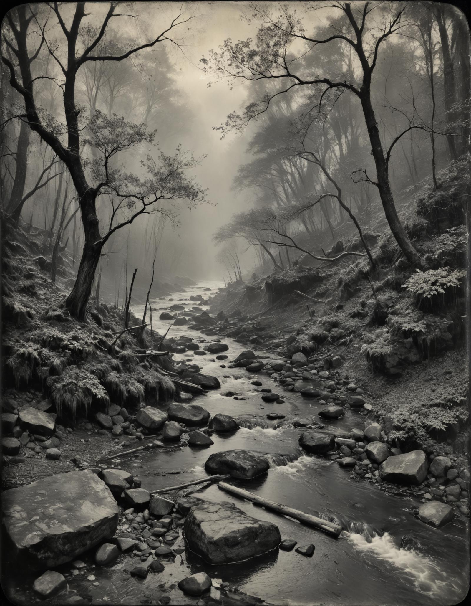 A black and white forest scene with a river full of rocks and branches.